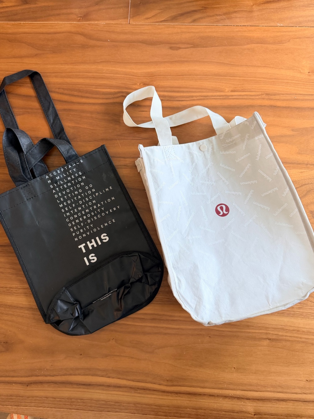 Set of 2 Lululemon Small Reusable Tote Bags - Black Manifesto & White Logo